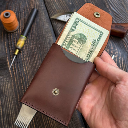 Brown Slim Card & Cash Holder, Handmade Minimalist Wallet, Front Pocket, Flap Wallet, Personalized Gift For Him