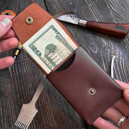 Brown Slim Card & Cash Holder, Handmade Minimalist Wallet, Front Pocket, Flap Wallet, Personalized Gift For Him