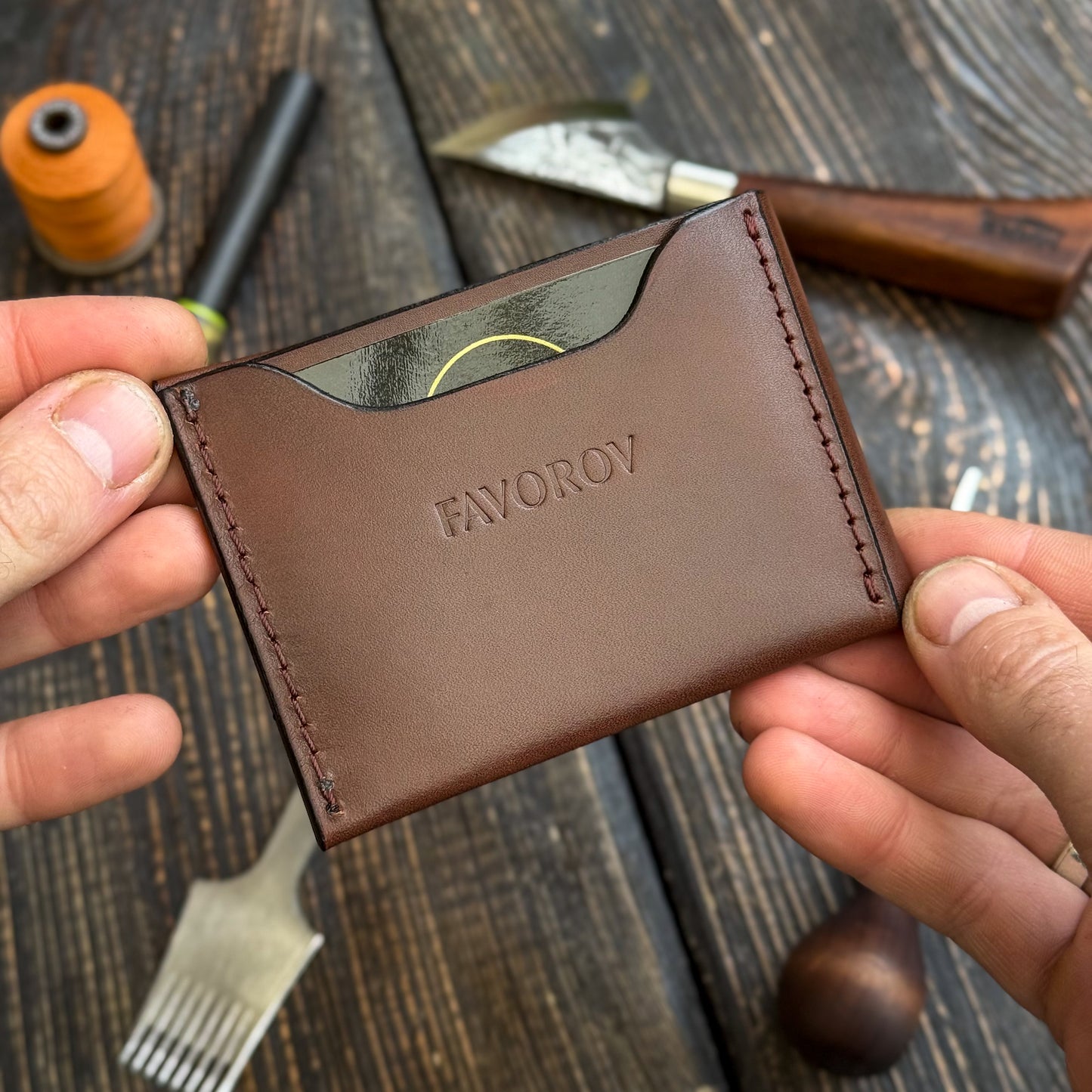 Brown Slim Card & Cash Holder, Handmade Minimalist Wallet, Front Pocket, Flap Wallet, Personalized Gift For Him