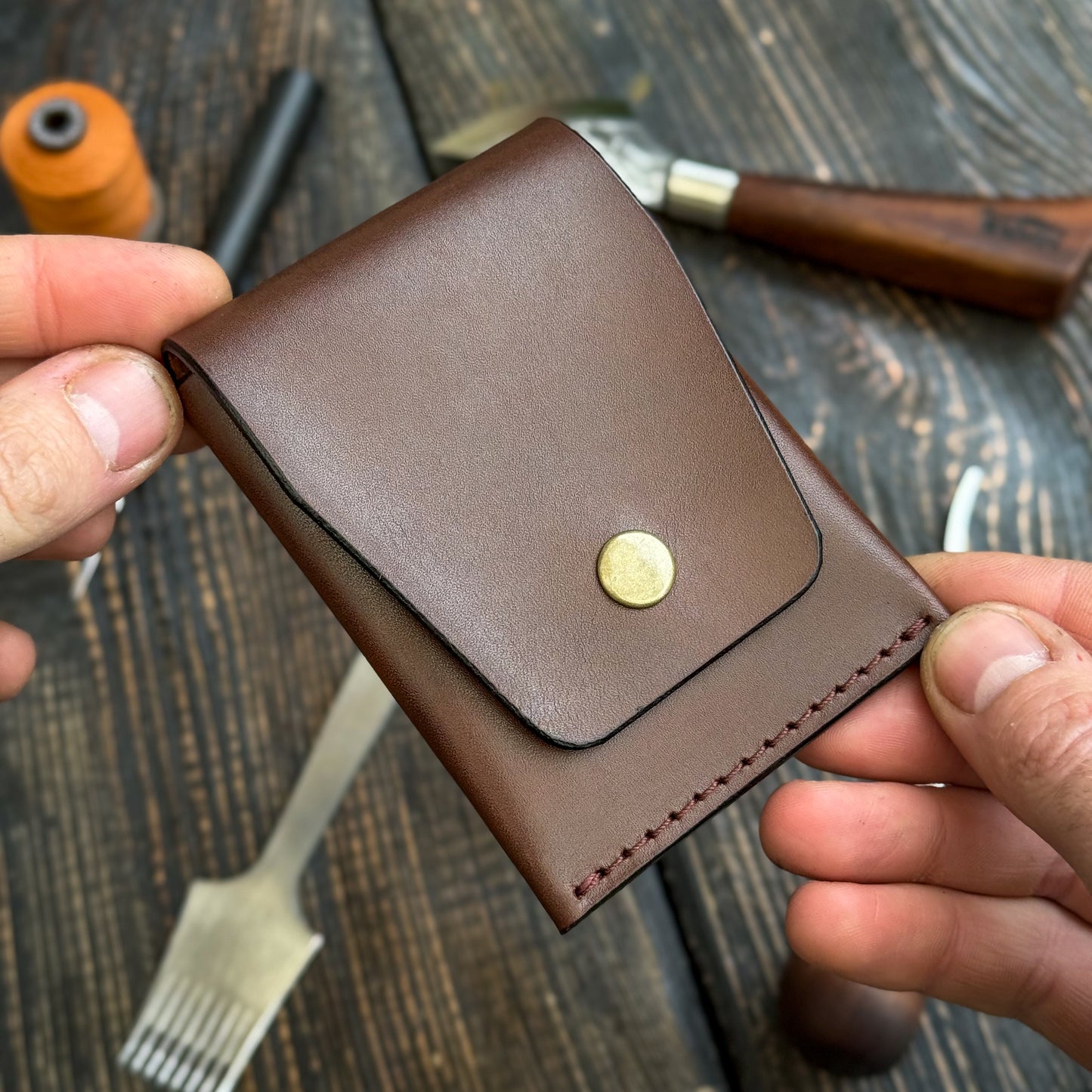 Brown Slim Card & Cash Holder, Handmade Minimalist Wallet, Front Pocket, Flap Wallet, Personalized Gift For Him