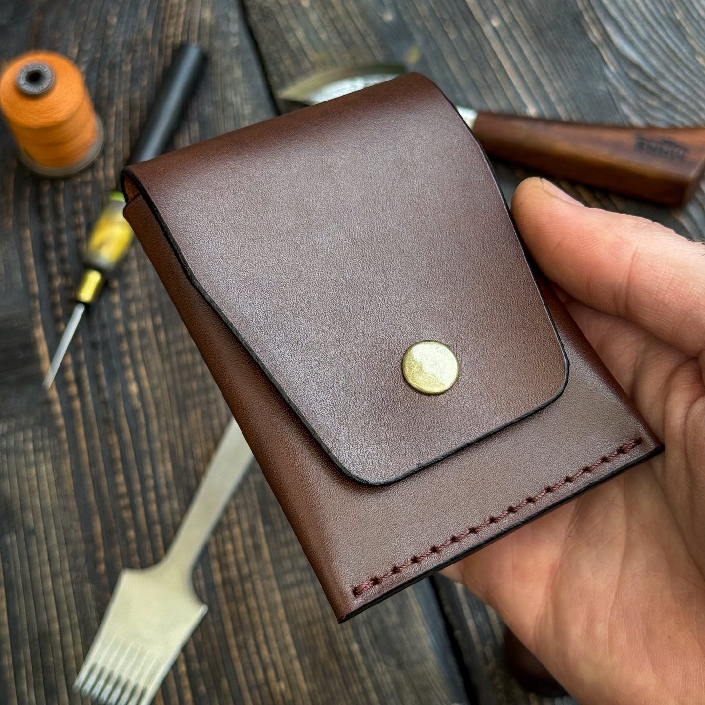 Brown Slim Card & Cash Holder, Handmade Minimalist Wallet, Front Pocket, Flap Wallet, Personalized Gift For Him