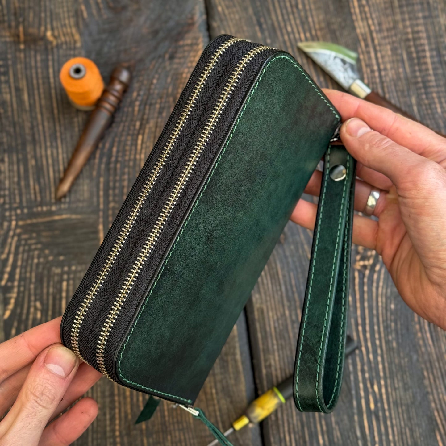 Personalized Green Leather Clutch, Full Grain Leather Clutch, women's leather wallet, Double Zipped wallet