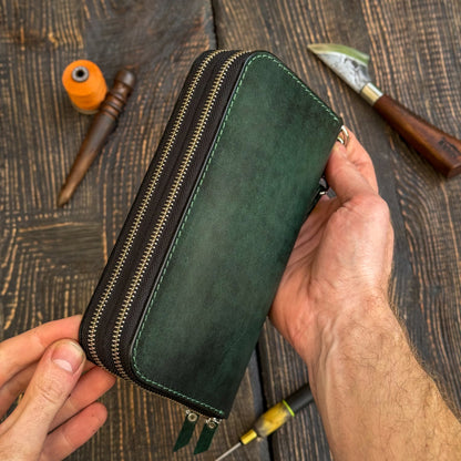 Personalized Green Leather Clutch, Full Grain Leather Clutch, women's leather wallet, Double Zipped wallet