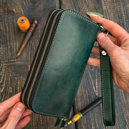 Personalized Green Leather Clutch, Full Grain Leather Clutch, women's leather wallet, Double Zipped wallet