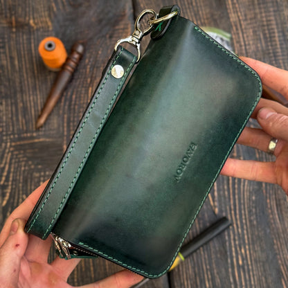 Personalized Green Leather Clutch, Full Grain Leather Clutch, women's leather wallet, Double Zipped wallet