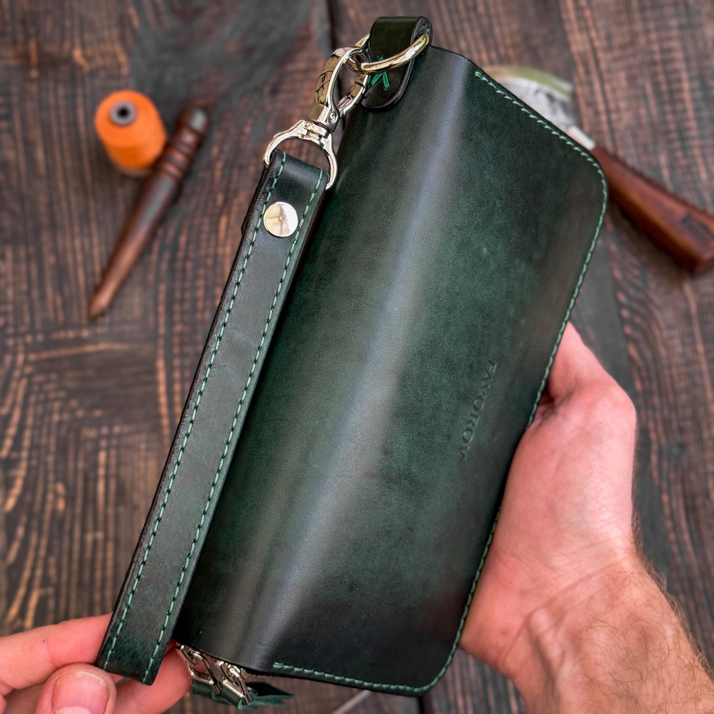 Personalized Green Leather Clutch, Full Grain Leather Clutch, women's leather wallet, Double Zipped wallet