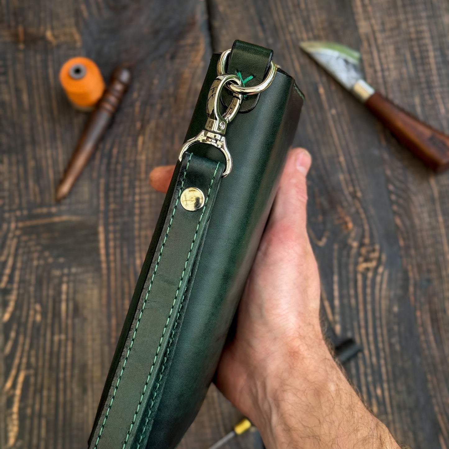 Personalized Green Leather Clutch, Full Grain Leather Clutch, women's leather wallet, Double Zipped wallet