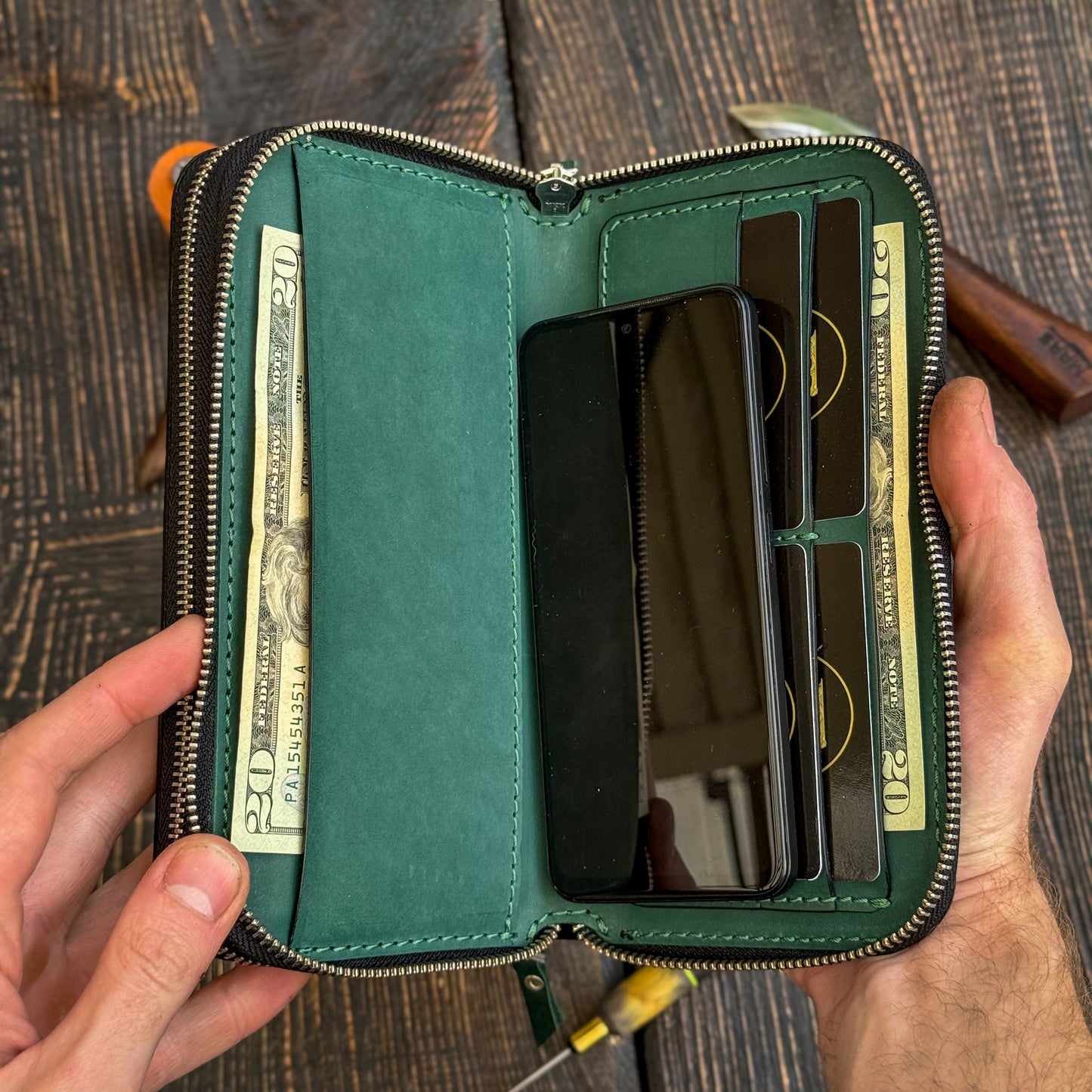 Personalized Green Leather Clutch, Full Grain Leather Clutch, women's leather wallet, Double Zipped wallet