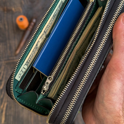 Personalized Green Leather Clutch, Full Grain Leather Clutch, women's leather wallet, Double Zipped wallet