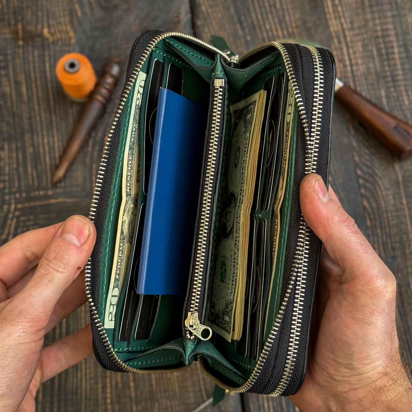 Personalized Green Leather Clutch, Full Grain Leather Clutch, women's leather wallet, Double Zipped wallet