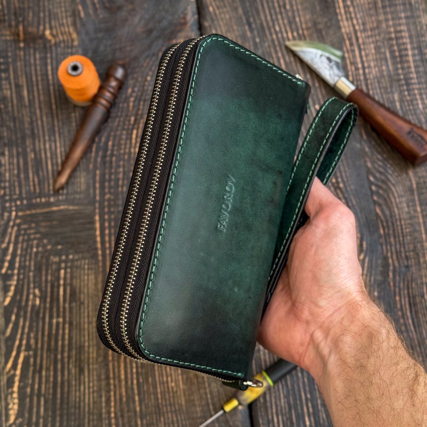 Personalized Green Leather Clutch, Full Grain Leather Clutch, women's leather wallet, Double Zipped wallet