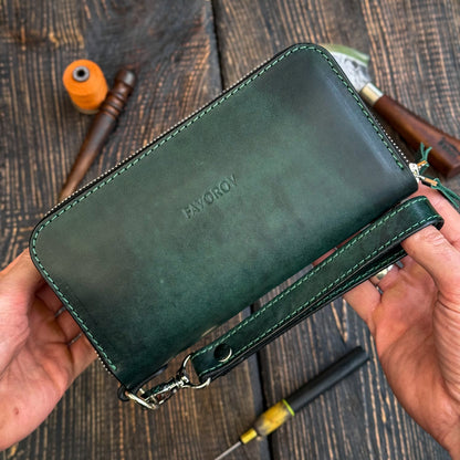 Personalized Green Leather Clutch, Full Grain Leather Clutch, women's leather wallet, Double Zipped wallet