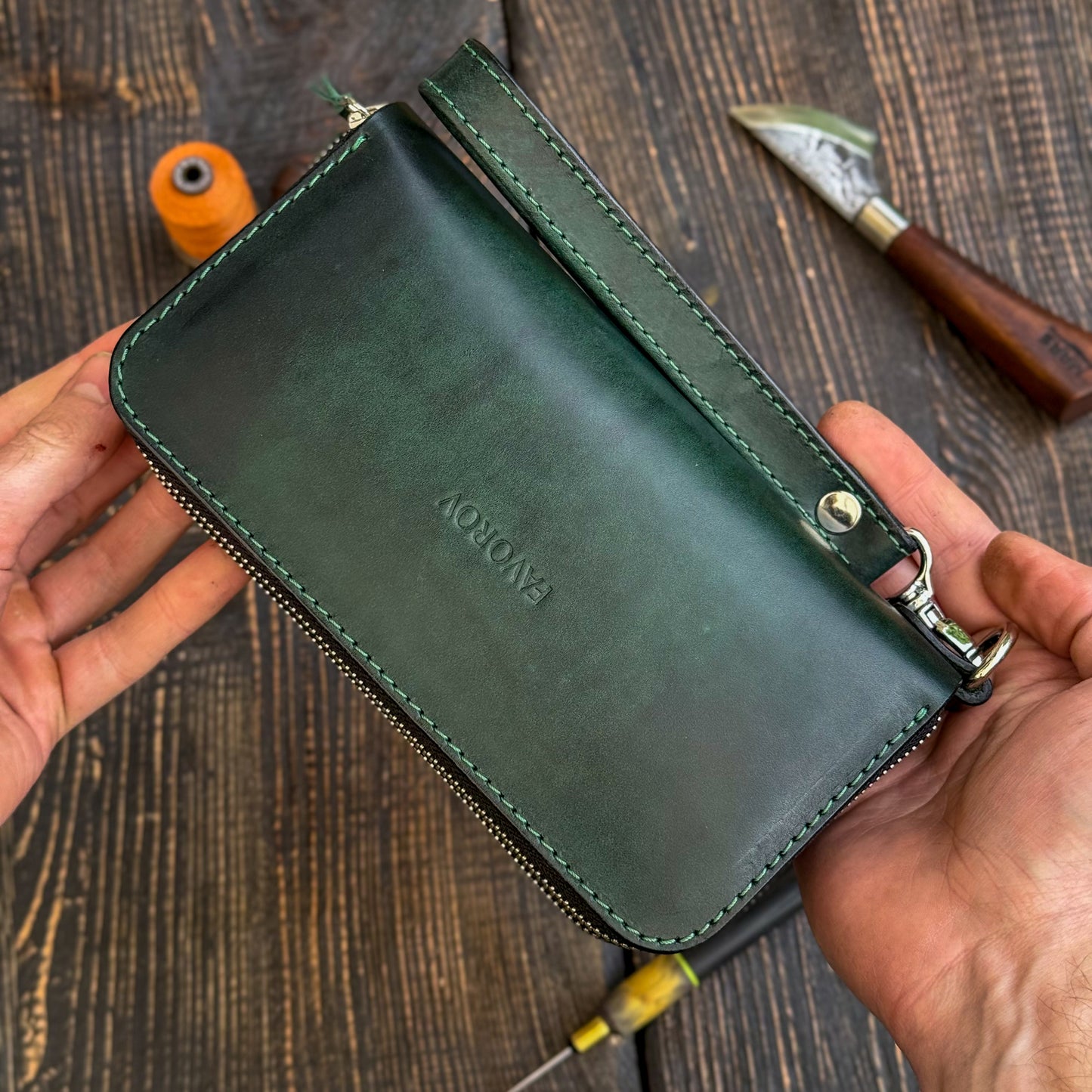 Personalized Green Leather Clutch, Full Grain Leather Clutch, women's leather wallet, Double Zipped wallet