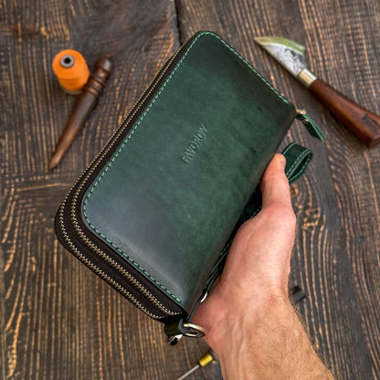 Personalized Green Leather Clutch, Full Grain Leather Clutch, women's leather wallet, Double Zipped wallet