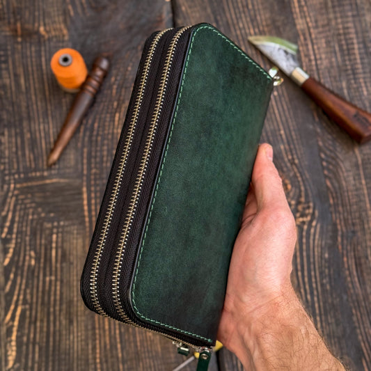 Personalized Green Leather Clutch, Full Grain Leather Clutch, women's leather wallet, Double Zipped wallet