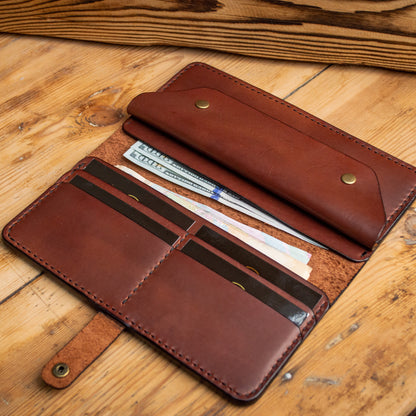Long leather wallet, Full grain Leather Cognac wallet, Mens wallet, Womens wallet, For banknotes